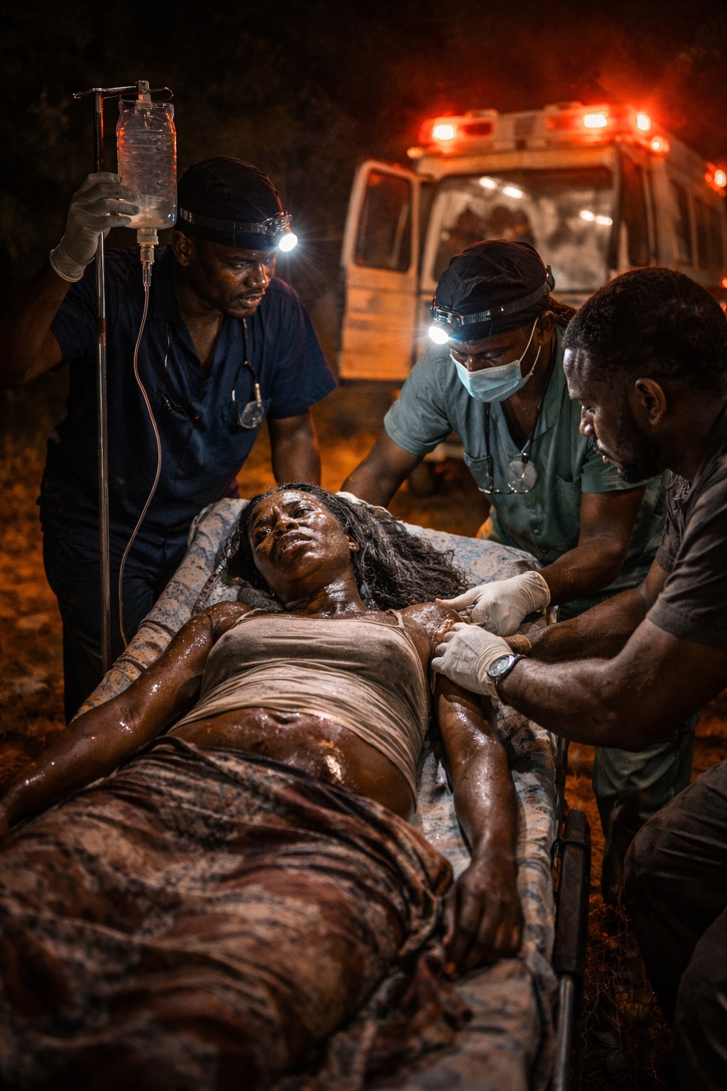 A medical team works to stabilize a woman on a stretcher beside a rural ambulance at night, lit only by their headlamps