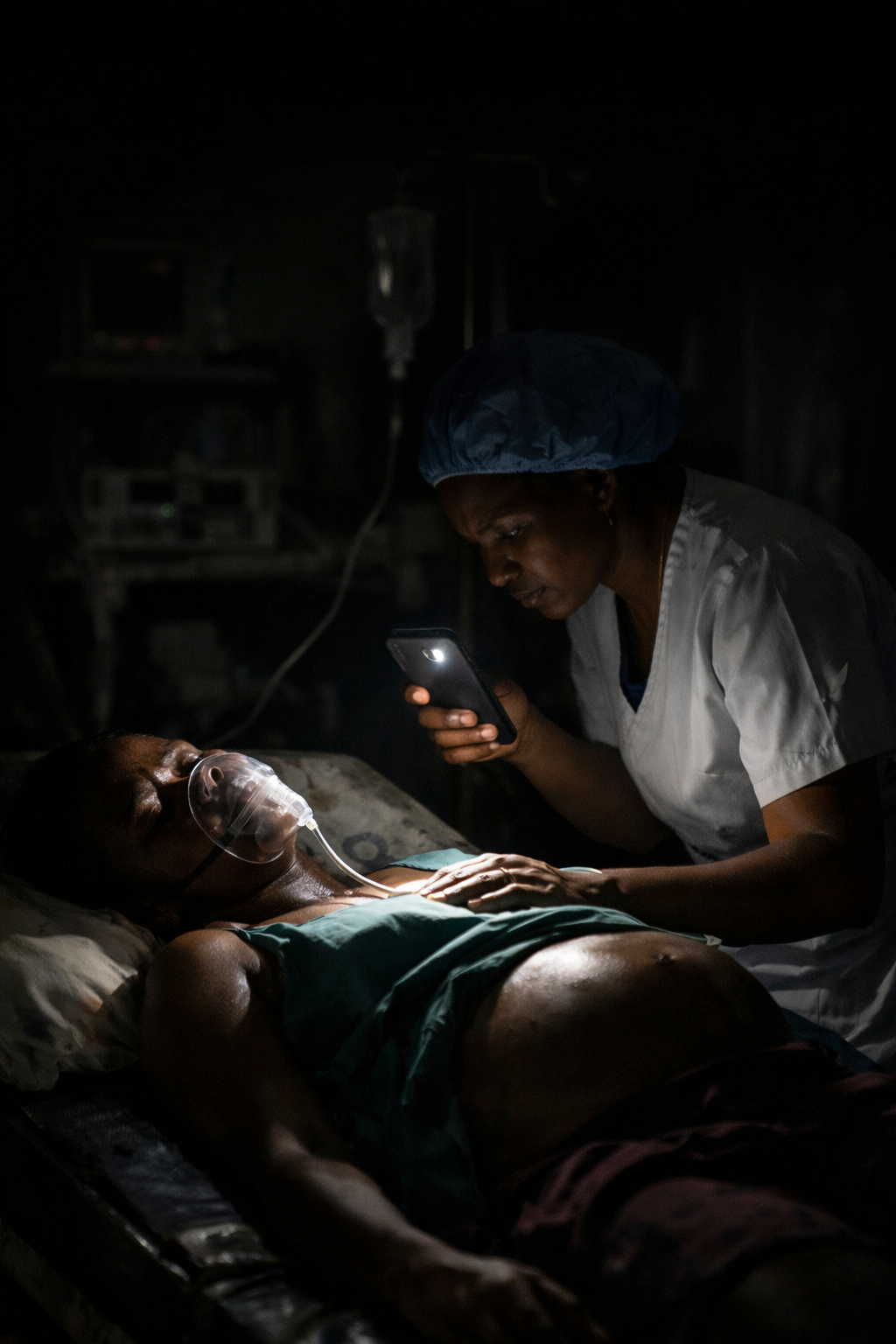 A nurse uses her phone light during a power outage in a clinic