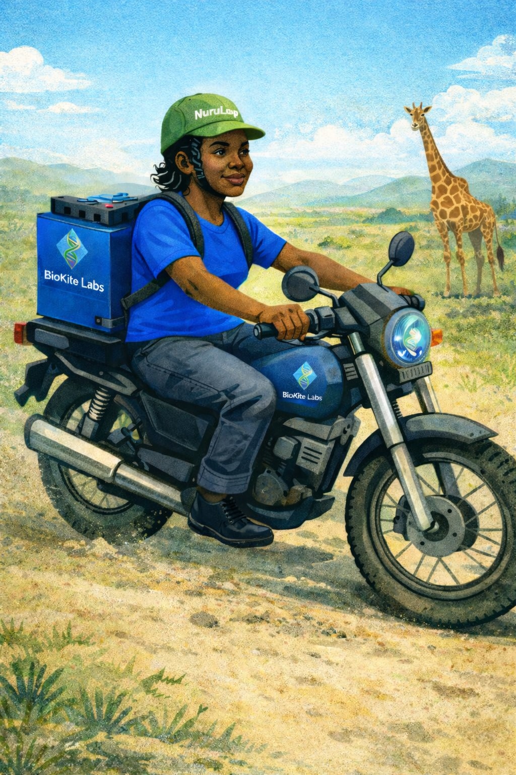 A NuruLoop rider in a BioKite Labs cap and shirt rides a motorcycle carrying a backup battery across the Kenyan savanna, with a giraffe in the background