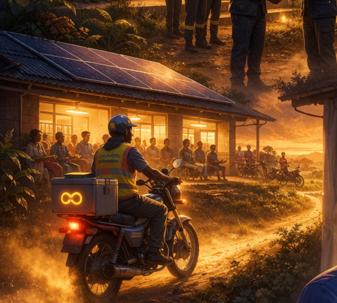NuruLoop rider delivering battery to a solar-powered rural clinic at sunset