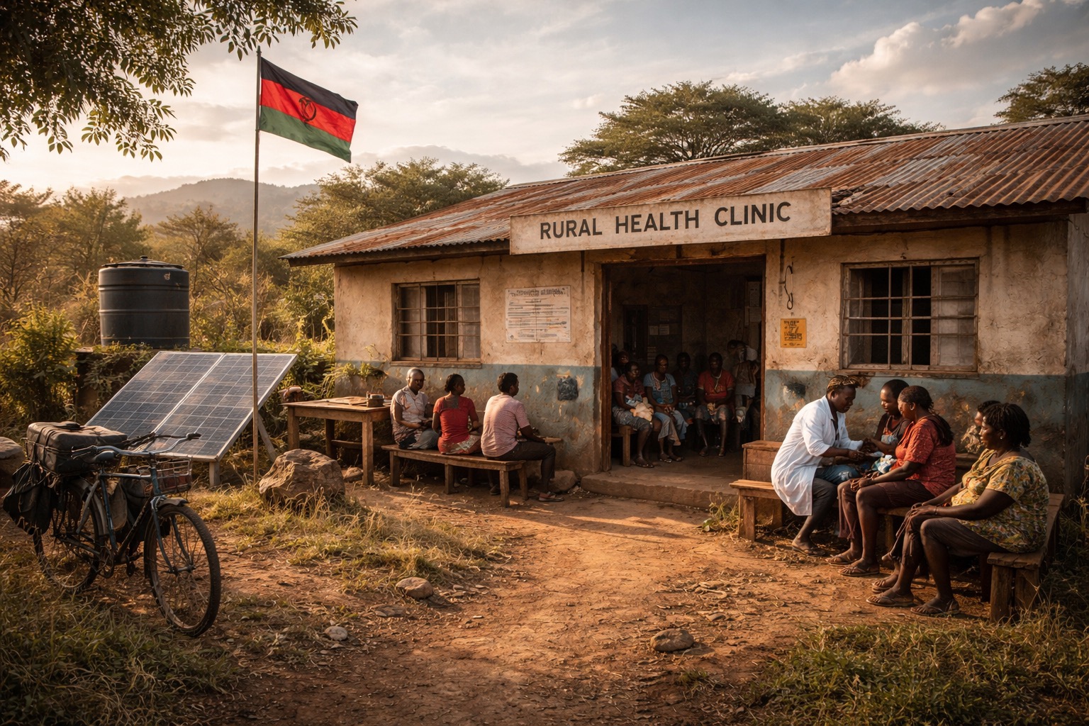 Olosho-Oibor Dispensary at dusk. Patients wait on benches outside weathered walls. A fading solar panel leans nearby. A bicycle rests in the dirt.