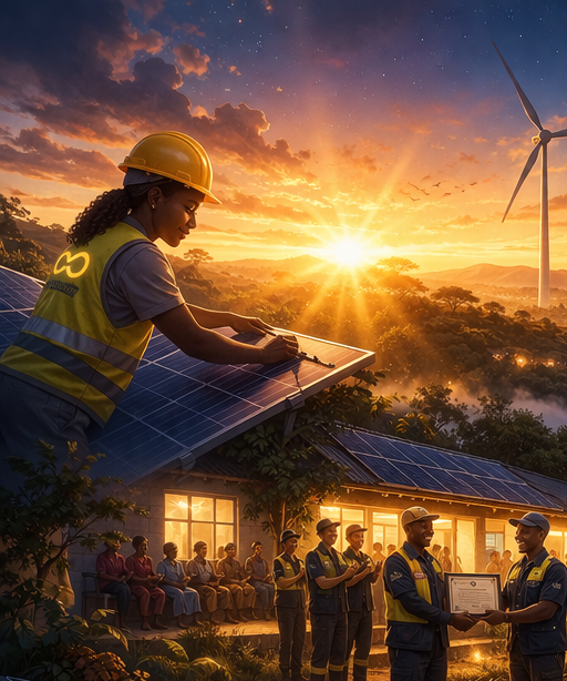 Certified energy officer working on solar panels at sunset