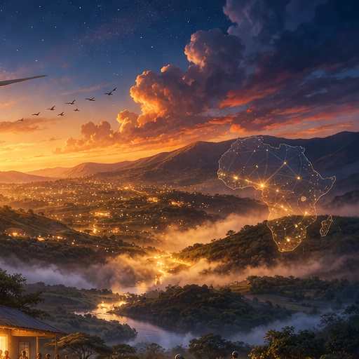 Africa at sunset with glowing network connecting rural clinics